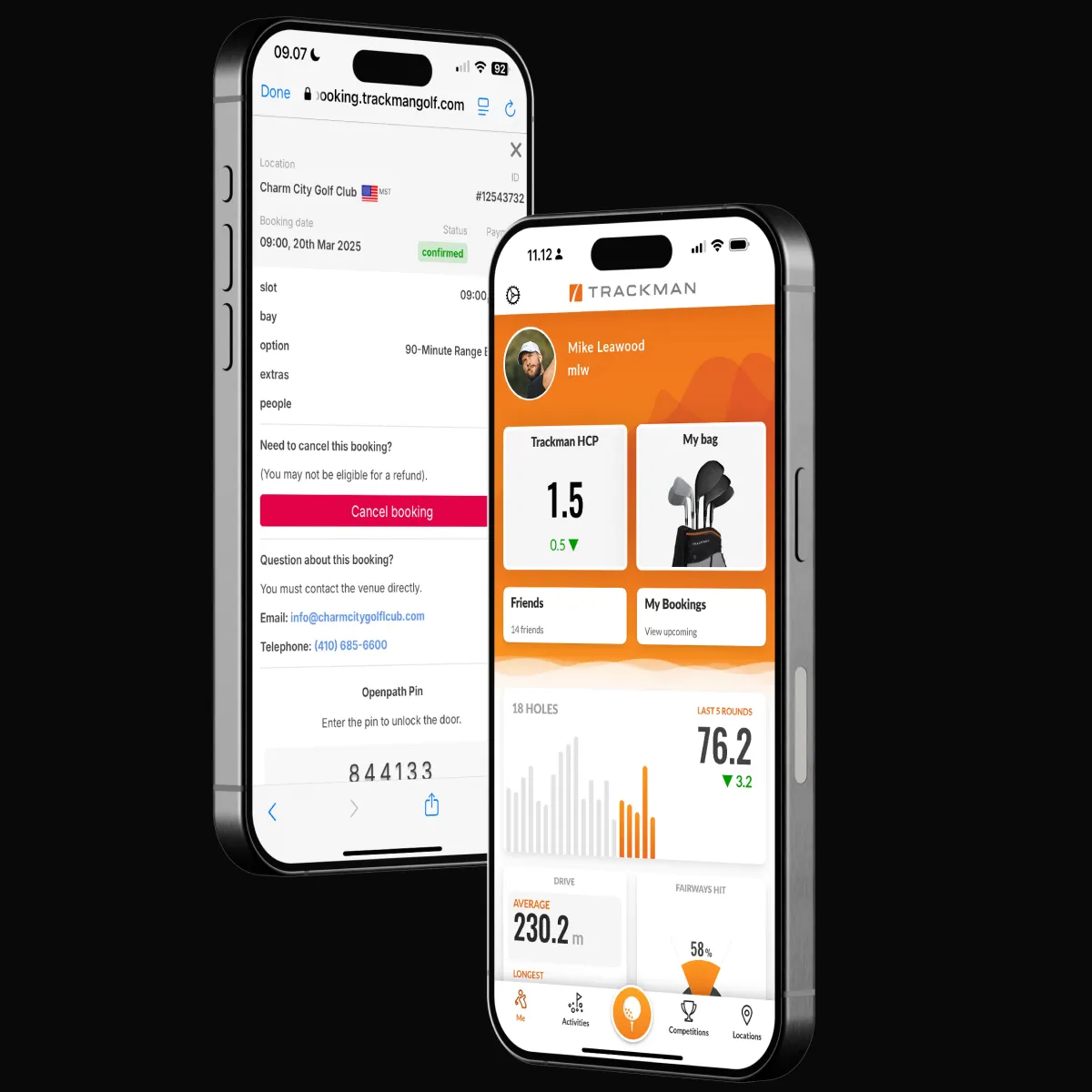 Two smartphones displaying a golf booking app interface, showing user profile, booking details, and performance statistics on a black background.