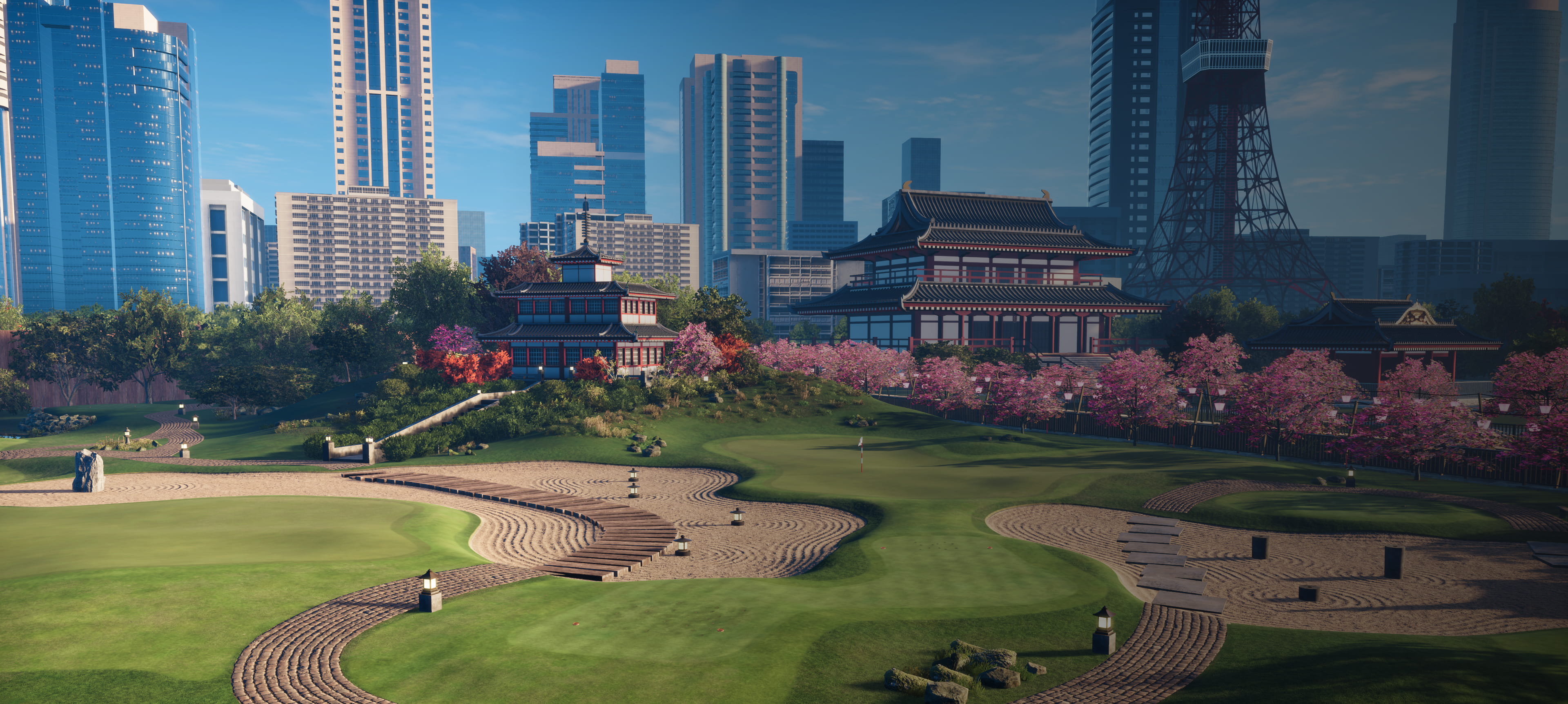 Trackman 桜と寺院がある日本庭園の奥に高層ビルが立ち並ぶ、伝統と現代が融合した風景。