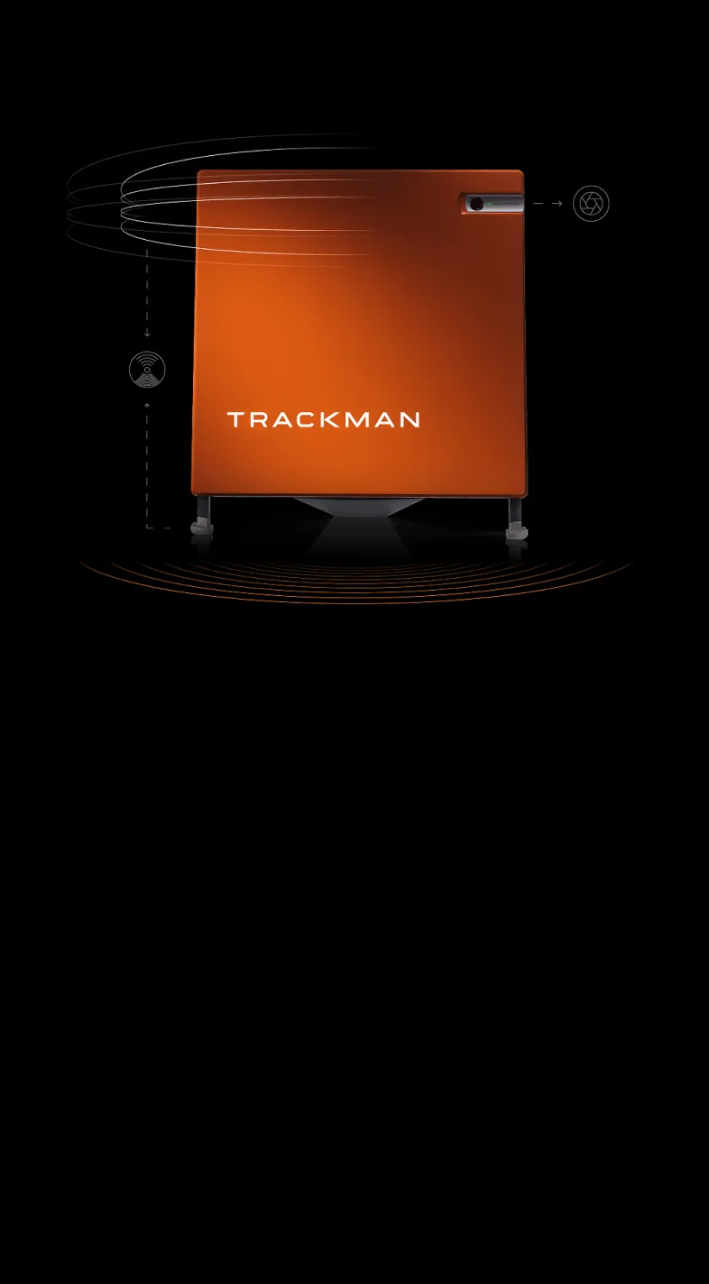 Orange TrackMan device on a black background, with white text and circular design elements surrounding it.