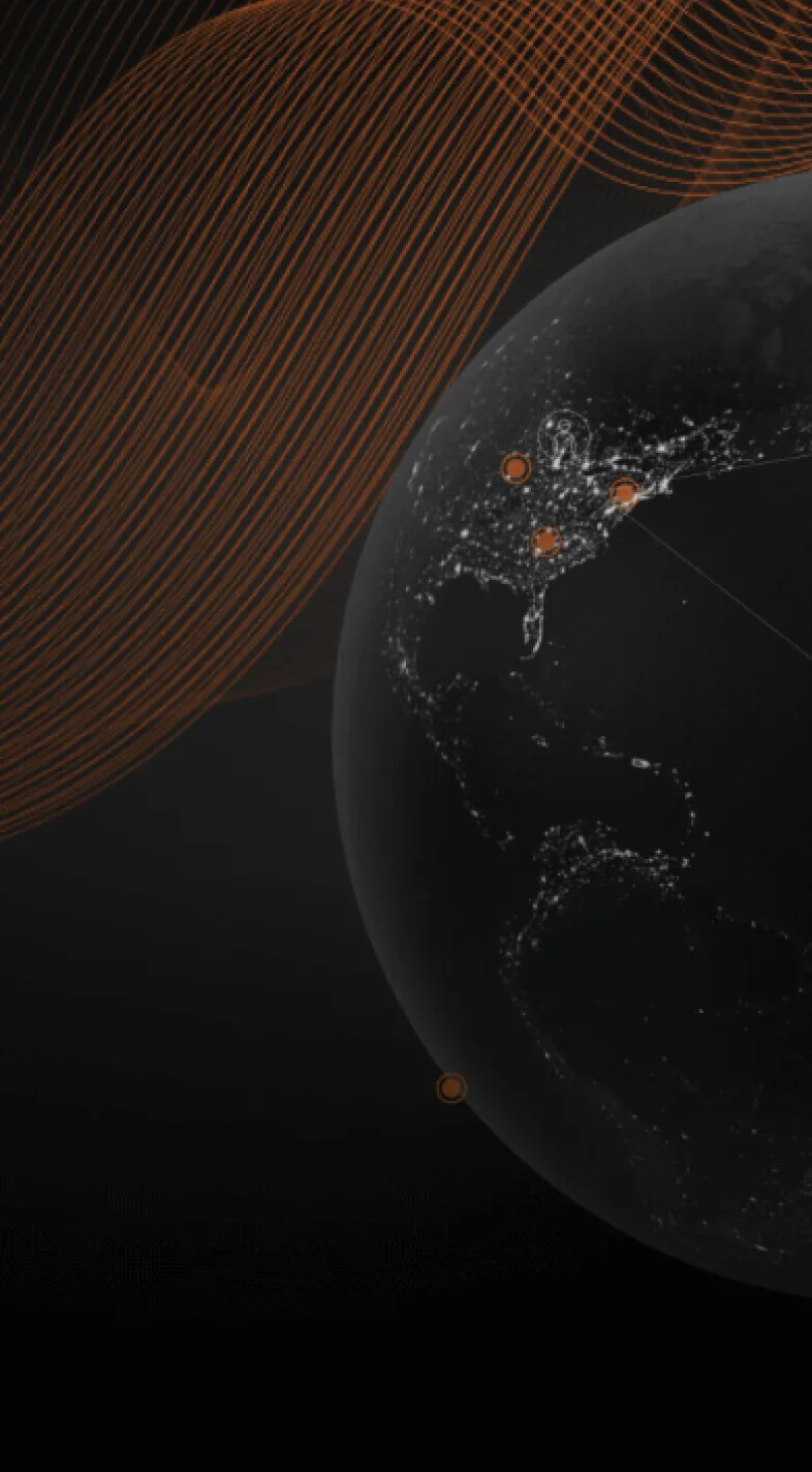A dark globe with illuminated city lights and orange lines, depicting data connections across North America on a black background.